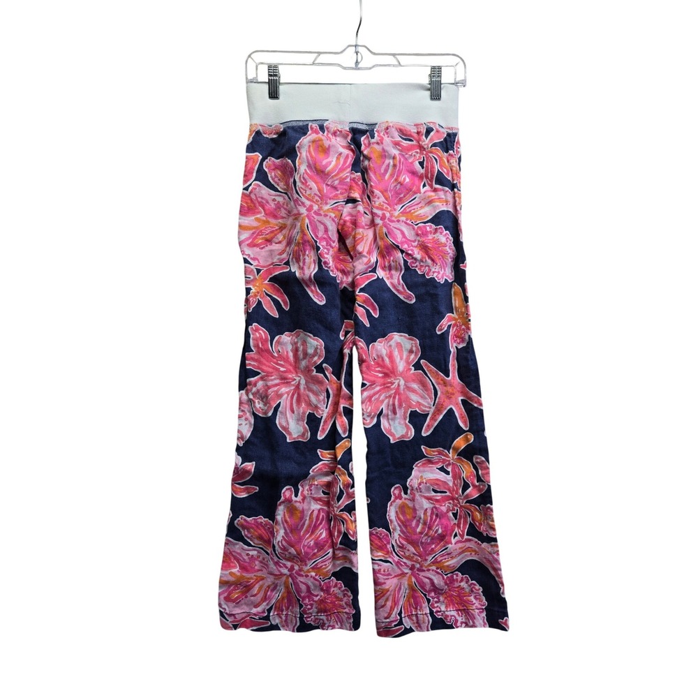 Lilly Pulitzer Linen Beach Pants Navy Pink Floral Tropical Drawstring XS Resort - Picture 6 of 10